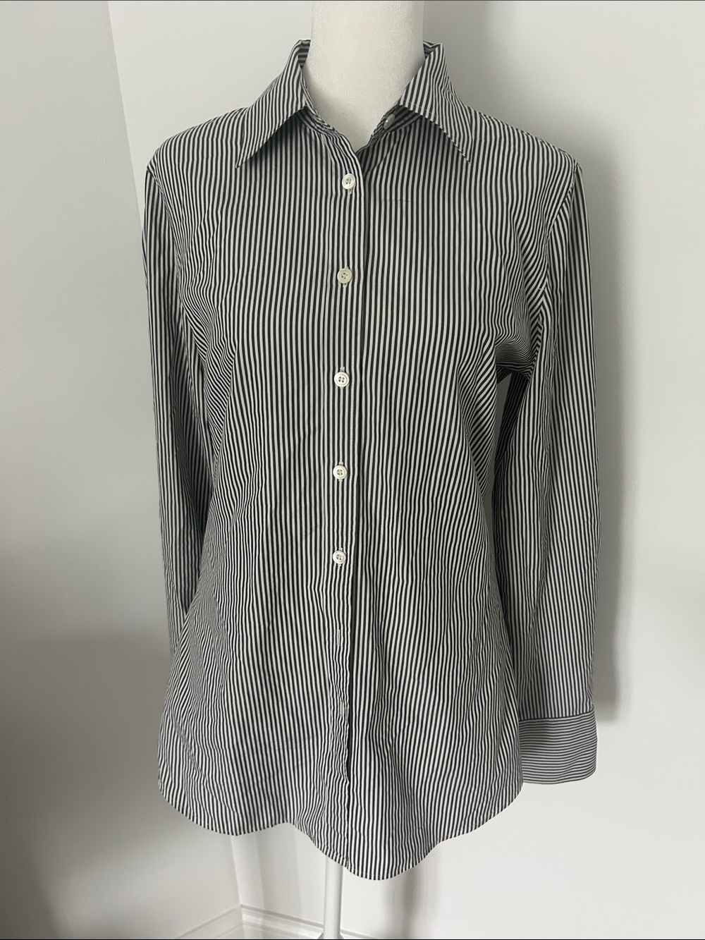 J. Crew Black & White Vertical Stripe Button-Up Blouse- M TALL